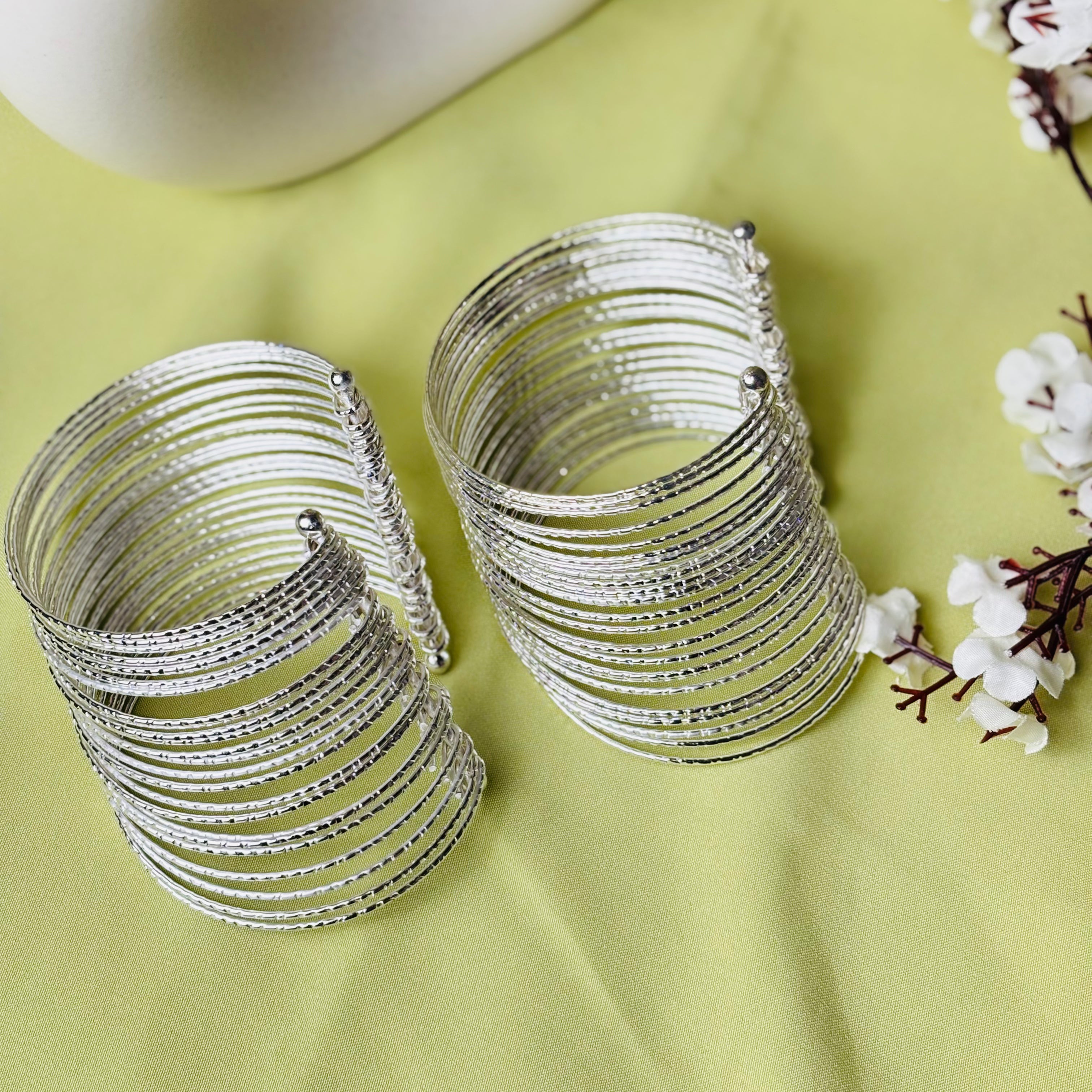 Set of 2 Trendy Multi-Layered Silver Coil Adjustable Bracelet