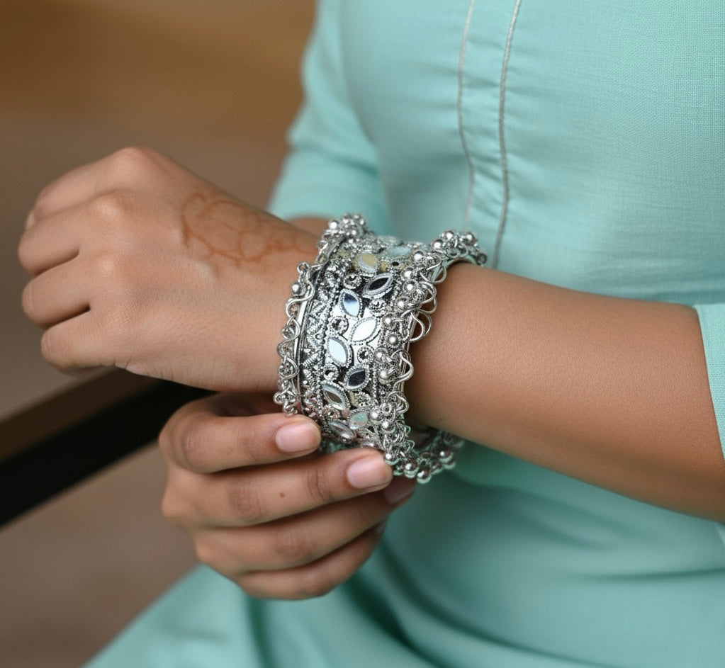 Ethnic Oxidised Silver Kada Bracelet
